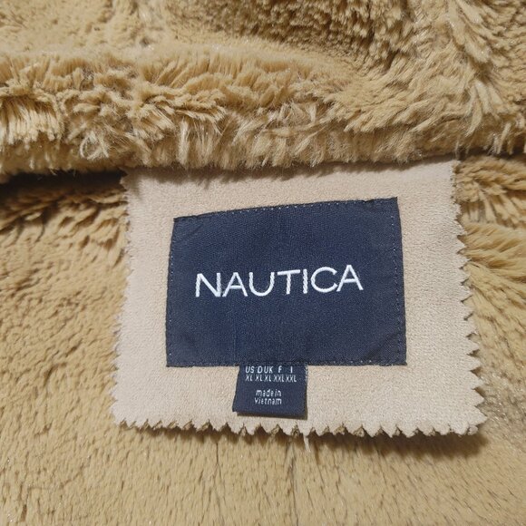 Nautica Mid Length Coat Tan Zip Toggle Closure Faux Shearling Hooded Pockets - Picture 4 of 12